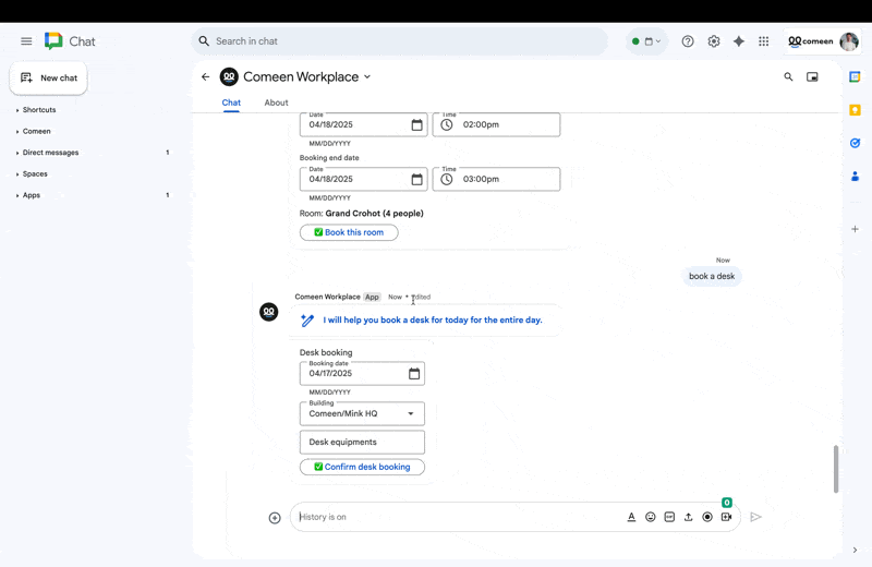 会議室予約がAIで簡単に！Comeen Workplace AI AgentがGoogle Chatに登場
