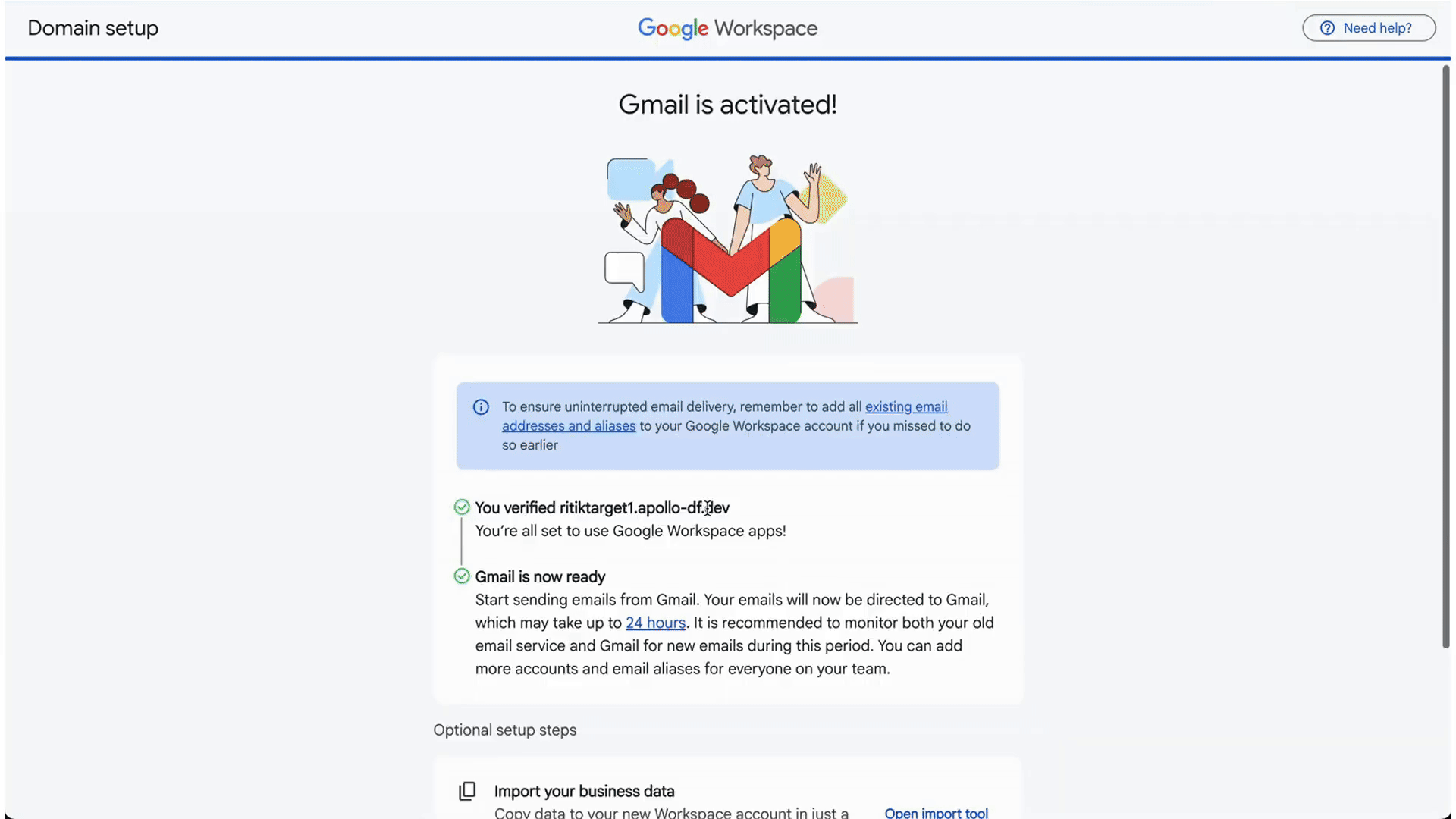 Google Workspaceセットアップ画面でMicrosoftアカウントに接続しユーザーを自動インポートする操作のアニメーション