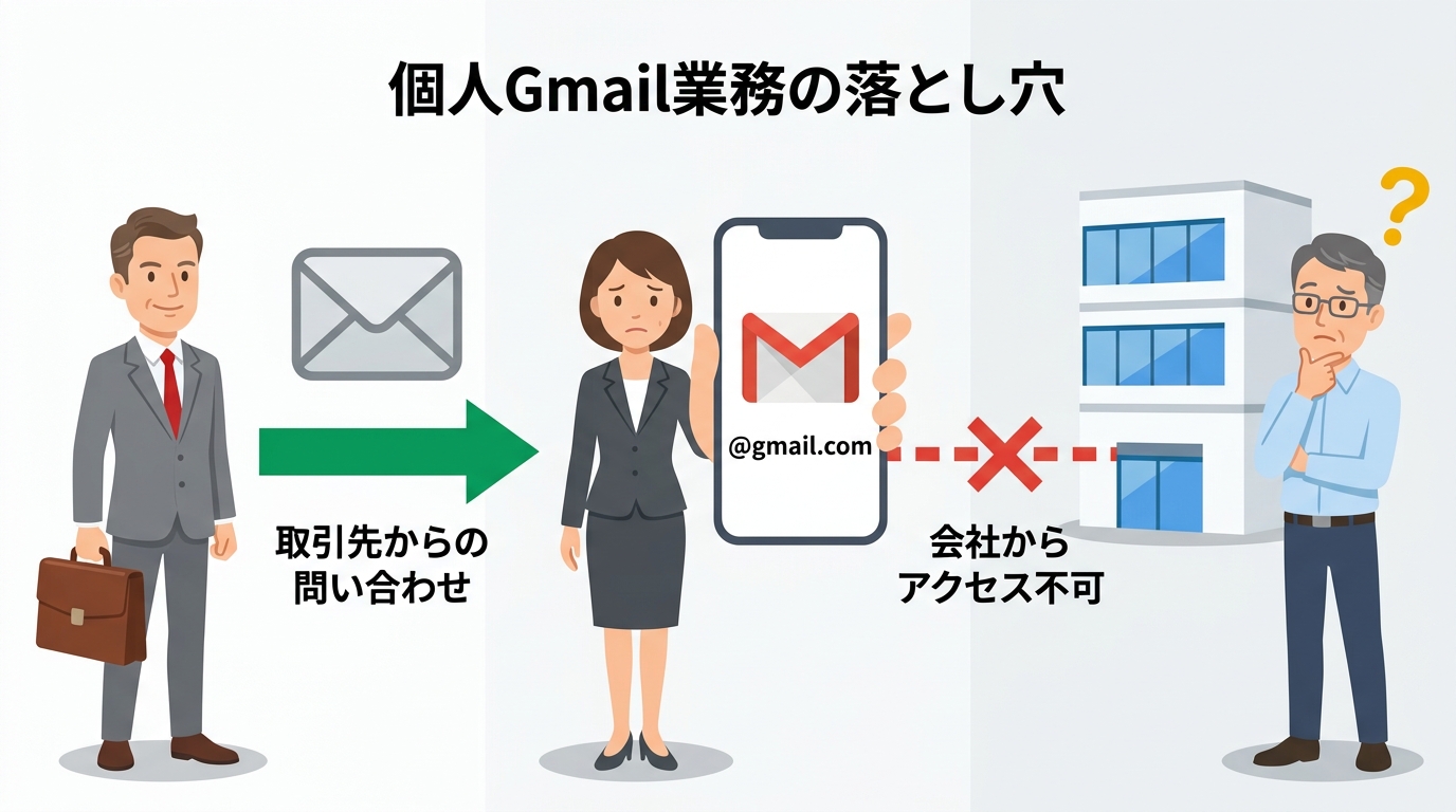 個人Gmailで業務している場合の構造図。取引先からのメールは届くが、会社からはアクセスできない