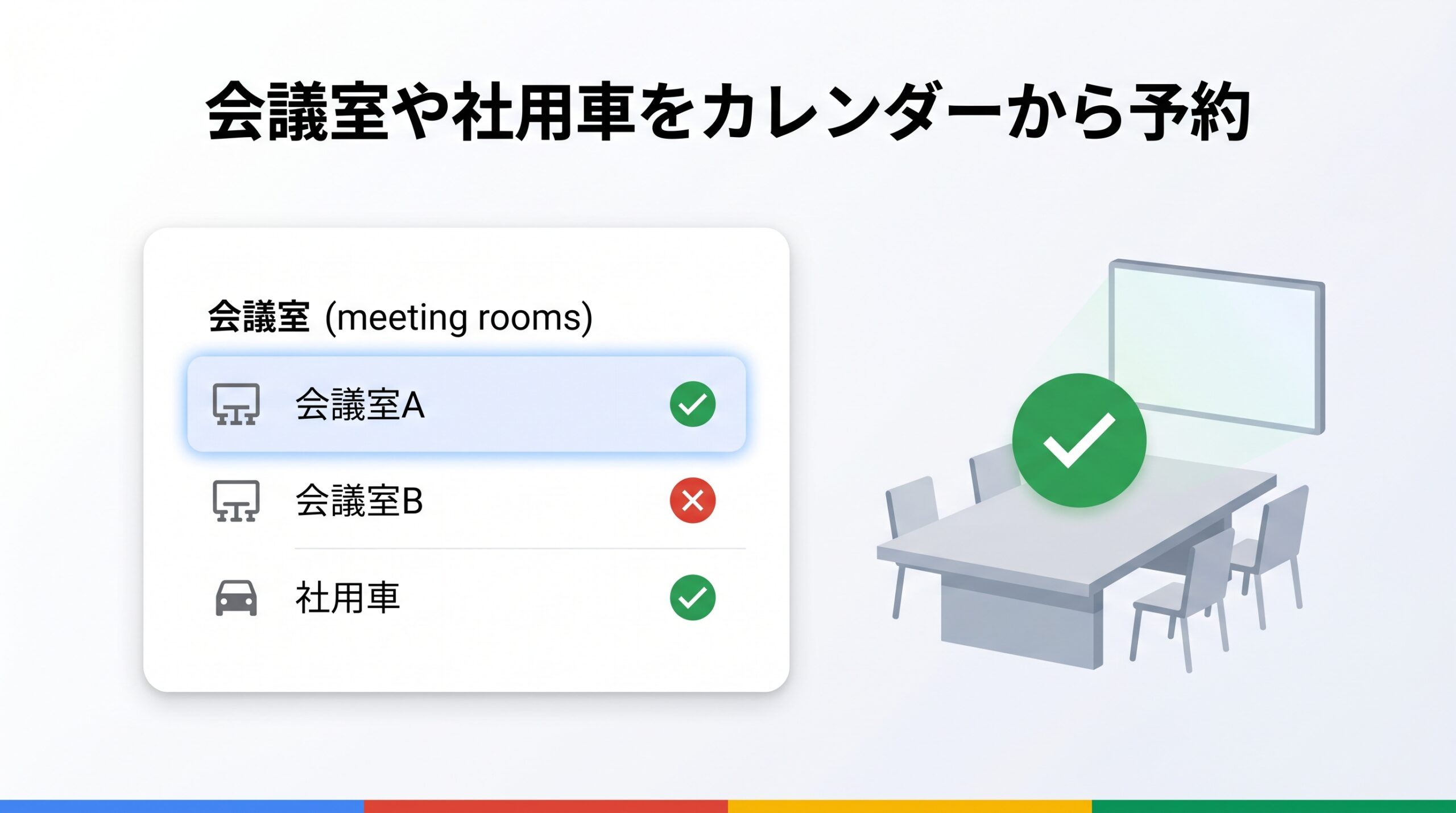 Google Workspaceで会議室や社用車をカレンダーから直接予約する様子のイメージ図
