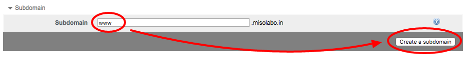 サブドメイン「www」を入力して「Create a subdomain」をクリック