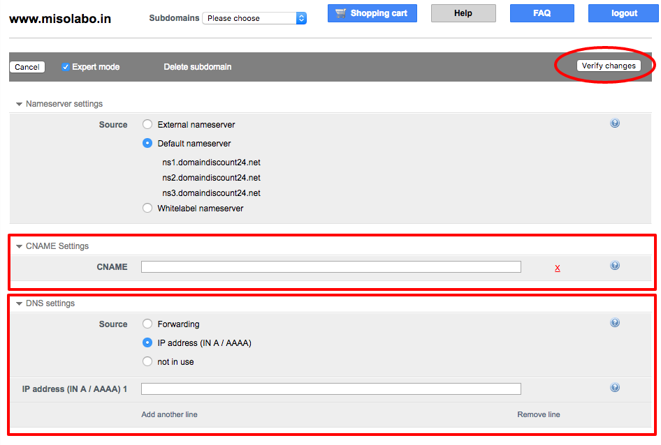 サブドメインのDNS設定画面。CNAMEやIPアドレスを入力して設定完了