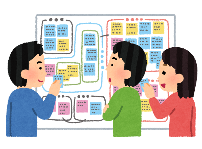 ボードに貼られた情報をチームで確認するイラスト(掲示板のイメージ)